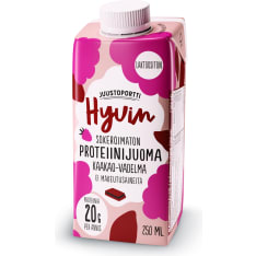 Juustoportti Hyvin Sokeroimaton ja makeutusaineeton Kaakao-Vadelma UHT 250ml proteiinijuoma