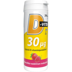 D-Vita 30 µg mansikka-vadelma 200 tabl. ravintolisä