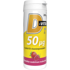 D-Vita 50 µg Mansikka-vadelma 200 tabl. ravintolisä