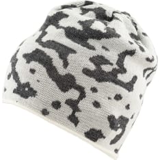 Salo's domestic beanie, with a knitted snow camo pattern