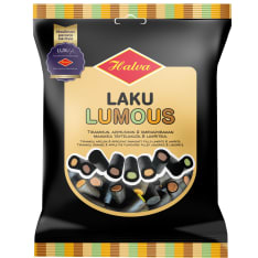 Halva Laku Lumous 180 g black liquorice, tiramisu, orange & apple pie flavoured filled liquorice