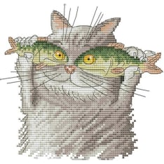 Farnia Cat who loves fish 26 x25cm cross stitch kit