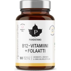 Puhdistamo B12-vitamiini + Folaatti Vadelma 60 tabl. ravintolisä