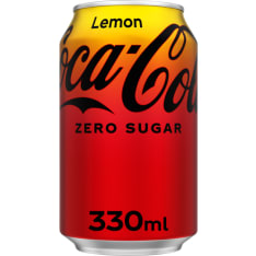 Coca-Cola Zero Lemon sugar free soft drink can 330ml. Contains sweeteners.