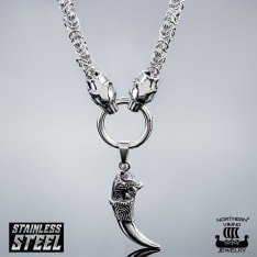 Northern Viking Jewelry King Chain with Wolf Heads + Fenrir Wolf Head pendant