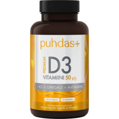 Puhdas+ Premium D3-vitamiini 50 µg+K2+Omega-3+A-vitamiini 120 kaps ravintolisä