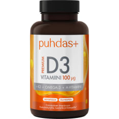 Puhdas+ Premium D3-vitamiini 100 µg+K2+Omega-3+A-vitamiini 120 kaps ravintolisä