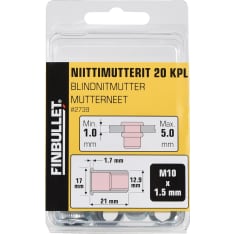 Finbullet M10 x 21mm 20kpl niittimutteri