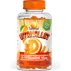 Sana-Sol  Vitanallet D-vitamiini 10µg Appelsiini 120 kpl ravintolisä