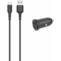 Gear 12-24V 2xUSB 3.4A Musta USB-C 2.0 Johto 1m autolaturi