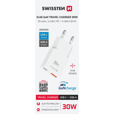 Swissten Slim GaN USB-C + USB-A 30W laturi