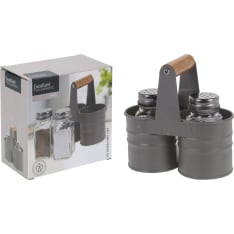 EH pepper and salt shaker in a metal stand
