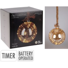 H&S 20cm glass ball hanging from a jute rope with led lights