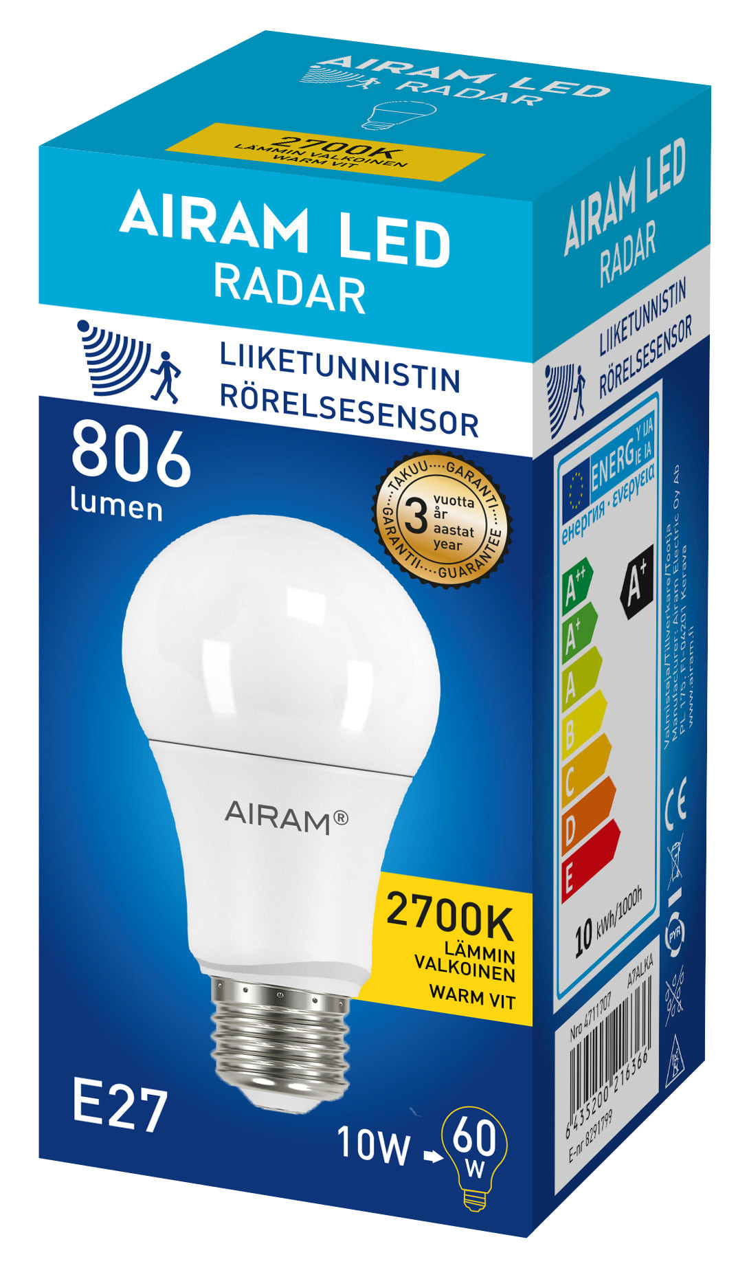 Airam Led Lamppu 10 W E27 Radar 806 Lm 2700k LED SSW 60W A60 E27 WW FR ND 2CT4