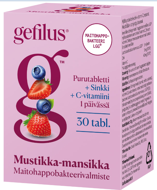 Gefilus C+Zn Mans.-mustikka puru 30 tabl. ravintolisä