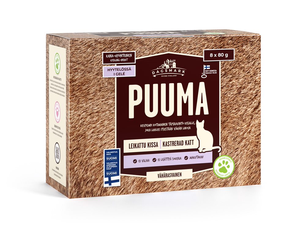 Dagsmark Puuma 8 x 80 g kana ja hyönteinen leikatulle kissalle hyytelössä kissan märkäruoka