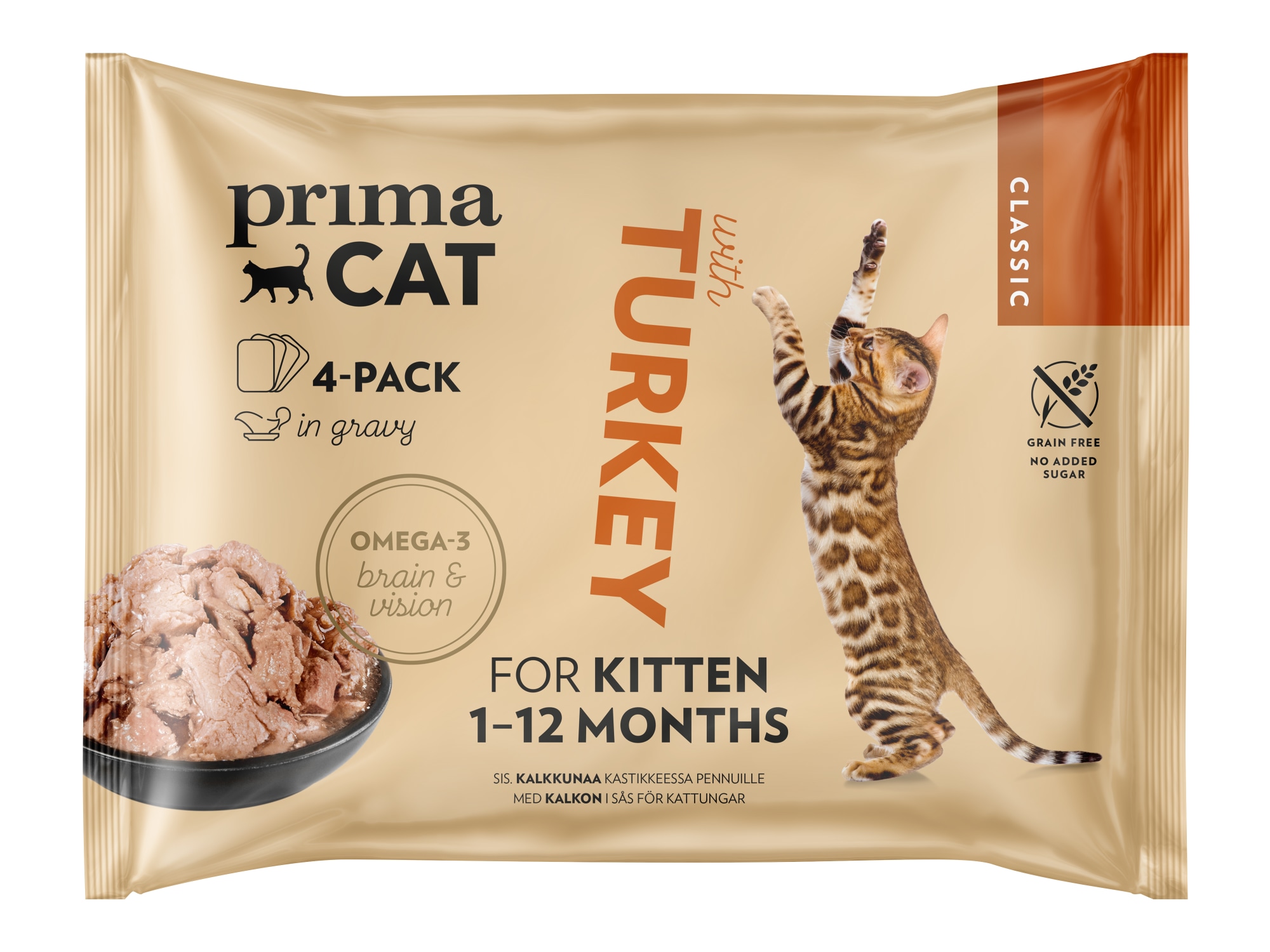 PrimaCat Classic Kalkkunaa kastikkeessa 4 x 85 g kissanpennun märkäruoka