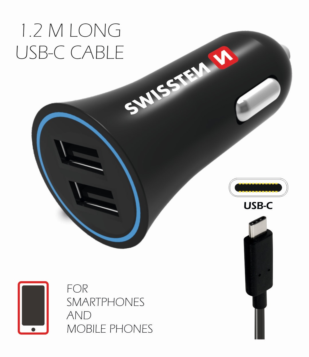 Swissten 2.4A 2xUSB autolaturi + USB-C kaapeli