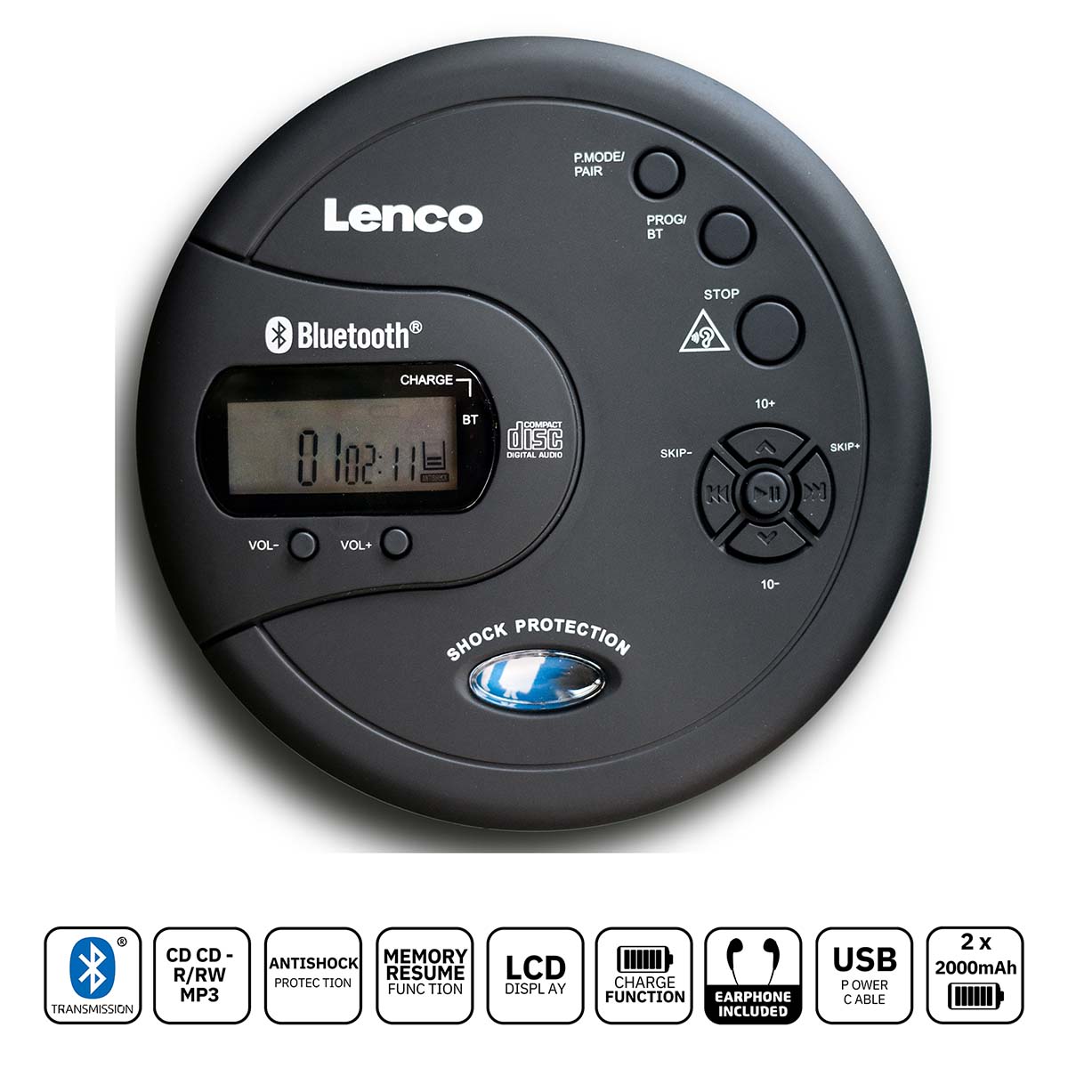 Lenco CD-300BK Bluetooth, kannettava CD/MP3-soitin,