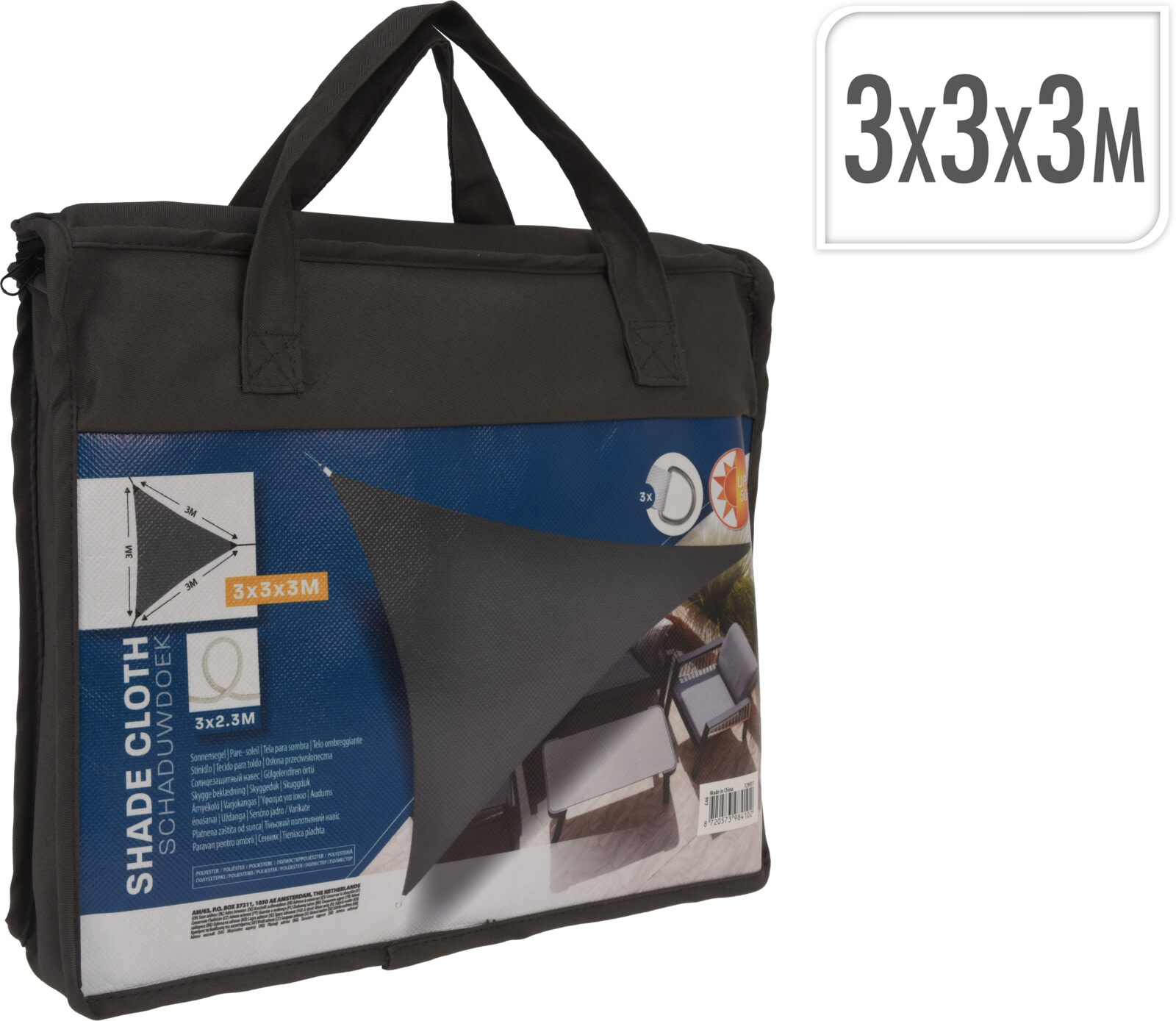 KM 3x3x3 m tummanharmaa kolmio aurinkopurje