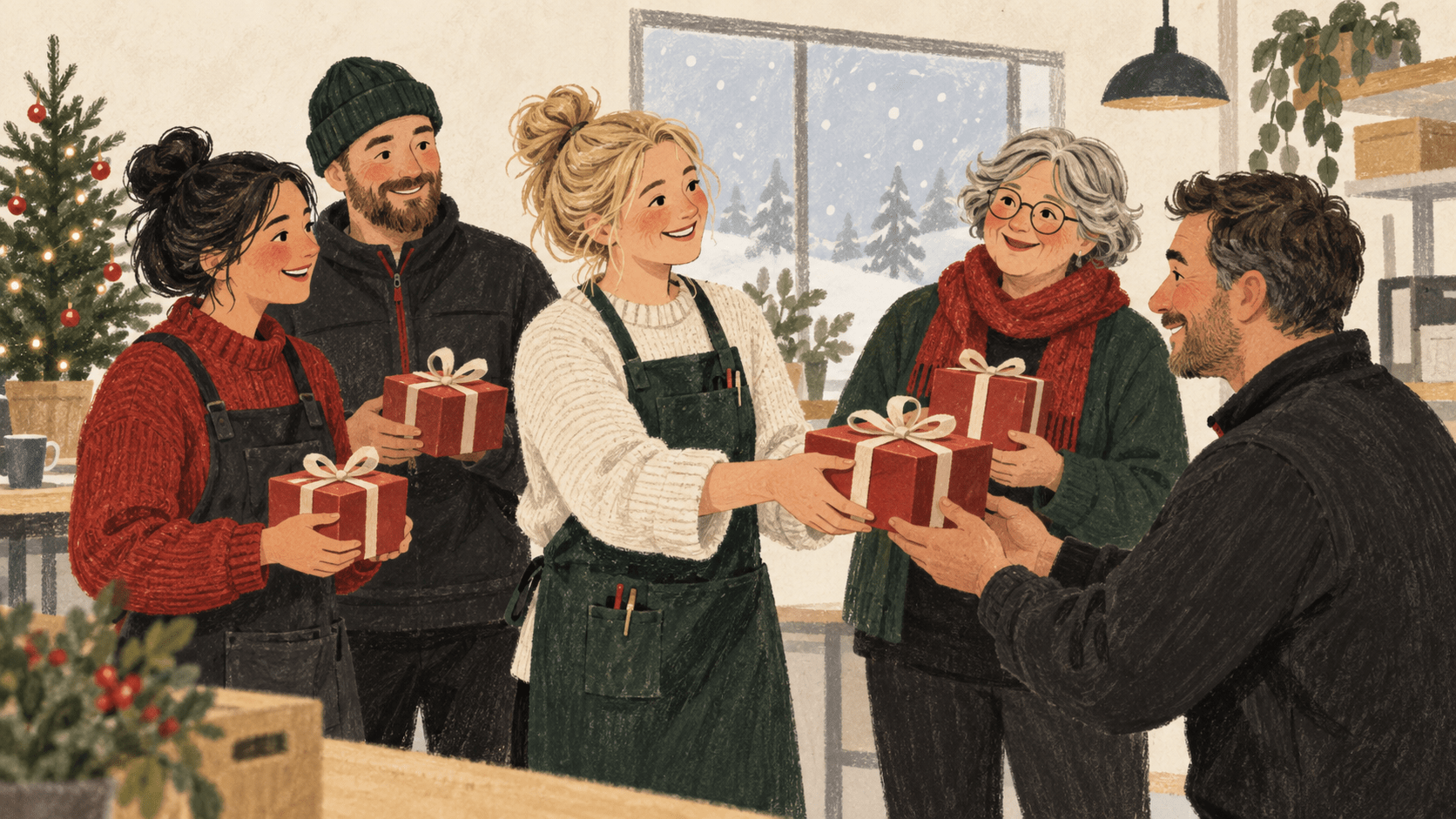 Piirretty työporukka jakaa joululahjoja yhteisessä hetkessä.