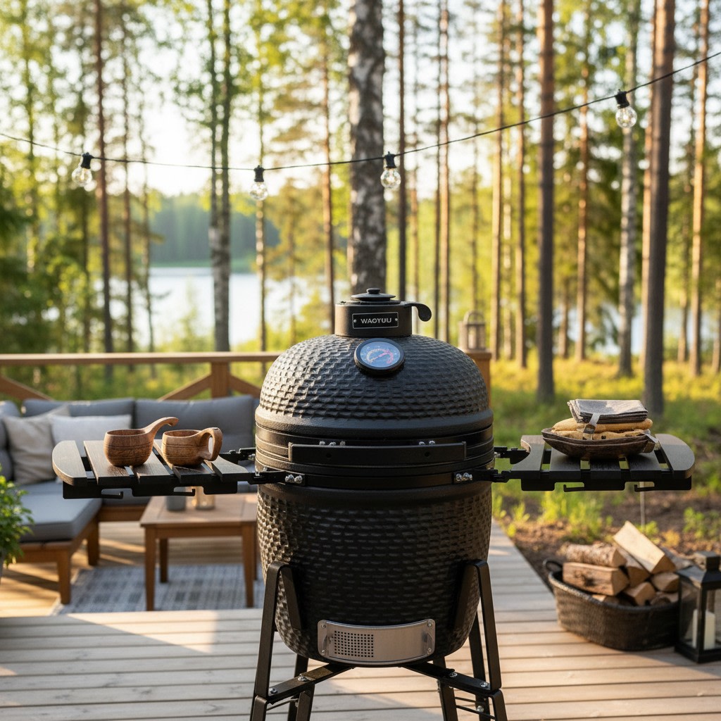 Grilli seisoo suomalaisessa maisemassa terassilla