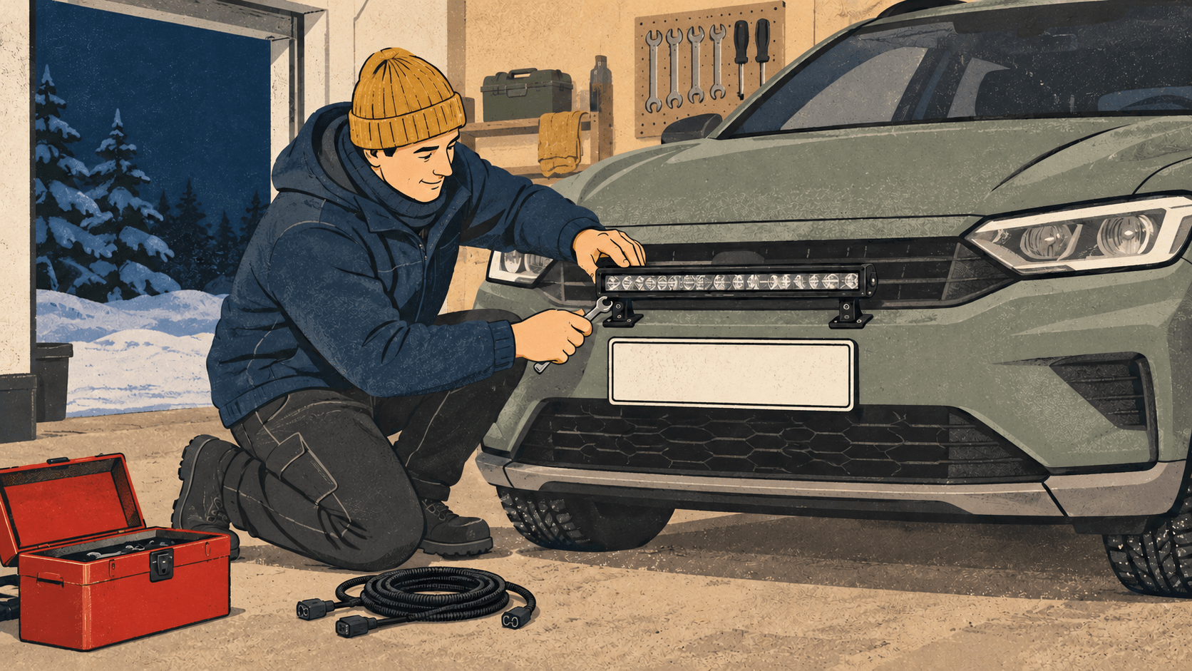 Henkilö kiinnittää lisävaloa auton rekisterikilpitelineeseen talvisessa autotallissa, jonka lattialla ovat johtosarja ja punainen työkalupakki.