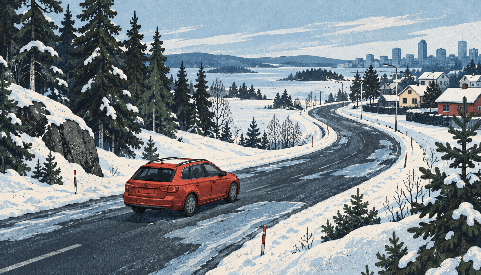Punainen auto talvisella tiellä metsän ja asuinalueen välillä.