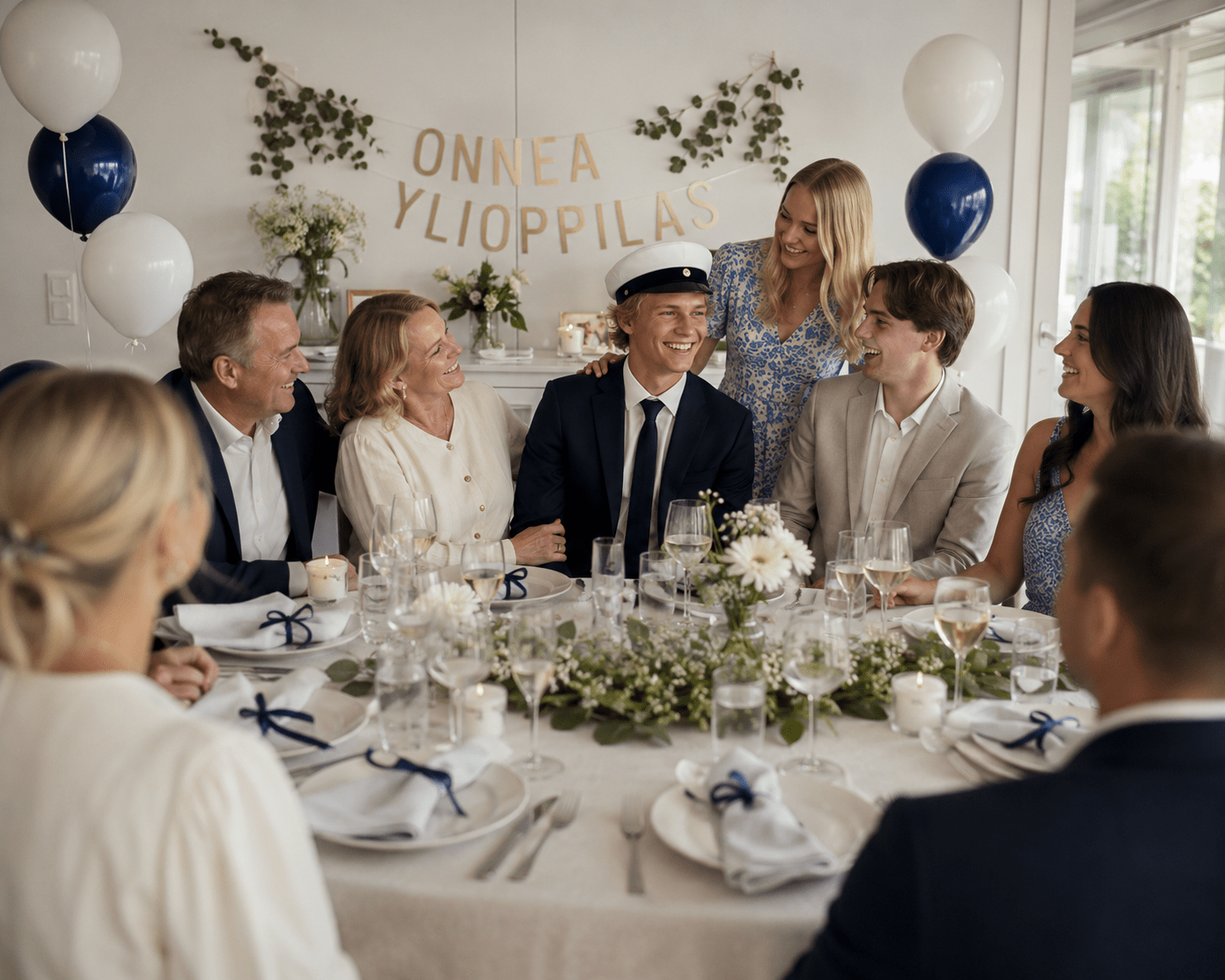 perhe ja ystävät juhlivat valmistuvaa ylioppilasta 