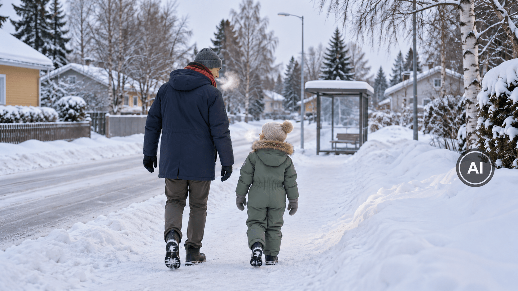 Aikuinen ja lapsi kävelevät talvivaatteissa lumista katua kohti bussipysäkkiä, ja aikuisella on punainen kaulahuivi.